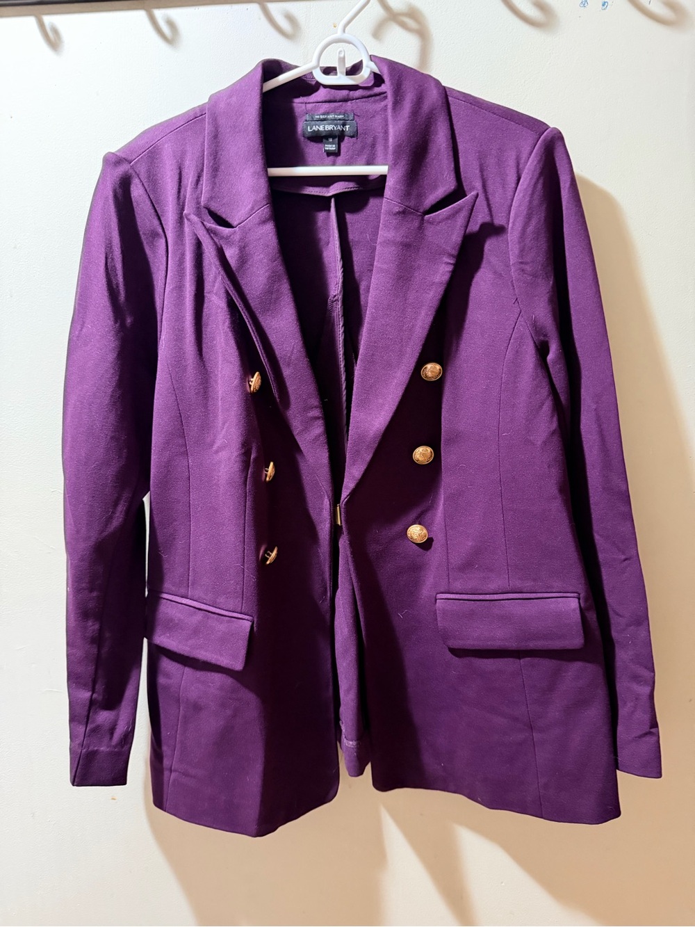 Lane Bryant Deep Purple Blazer with Gold Buttons, and Metal Hook Closure